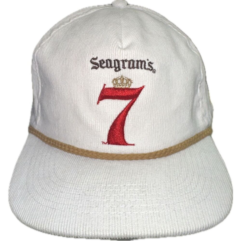 Vintage Seagram’s 7 White Corduroy SnapBack Hat Cap One Size Fits Most Trucker